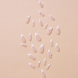 24pcs French White False Nails, Short Square Acrylic White Tip Pearl Stick on Nails, Press on Nails Medium Length, Almond False Nails Elegant Fake Nails for Women Girls (French White Pearl)