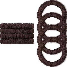Scrunchies Hair Ties Silk Satin Scrunchy, WantGor Women 4PC Hair Bands | Pure Mulberry Silk Skinny Elastic Scrunchies Bracelets Ponytail Holders Hair Accessories (Brown*4)