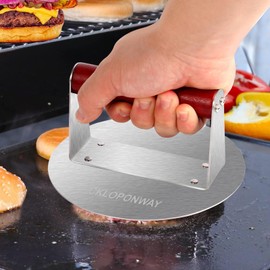 CKLOPONWAY Burger Press, Stainless Steel Smashed Burger Press, 6.2inch Round Smasher Bacon Grill Press with Wood Handle, Grill Press Griddle Accessories Kit, Griddle Cooking, Food Press, Meat Smasher