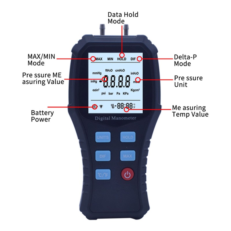 Digital Manometer Handheld HVAC Manometer Gas Air Pressure Meter Gauge