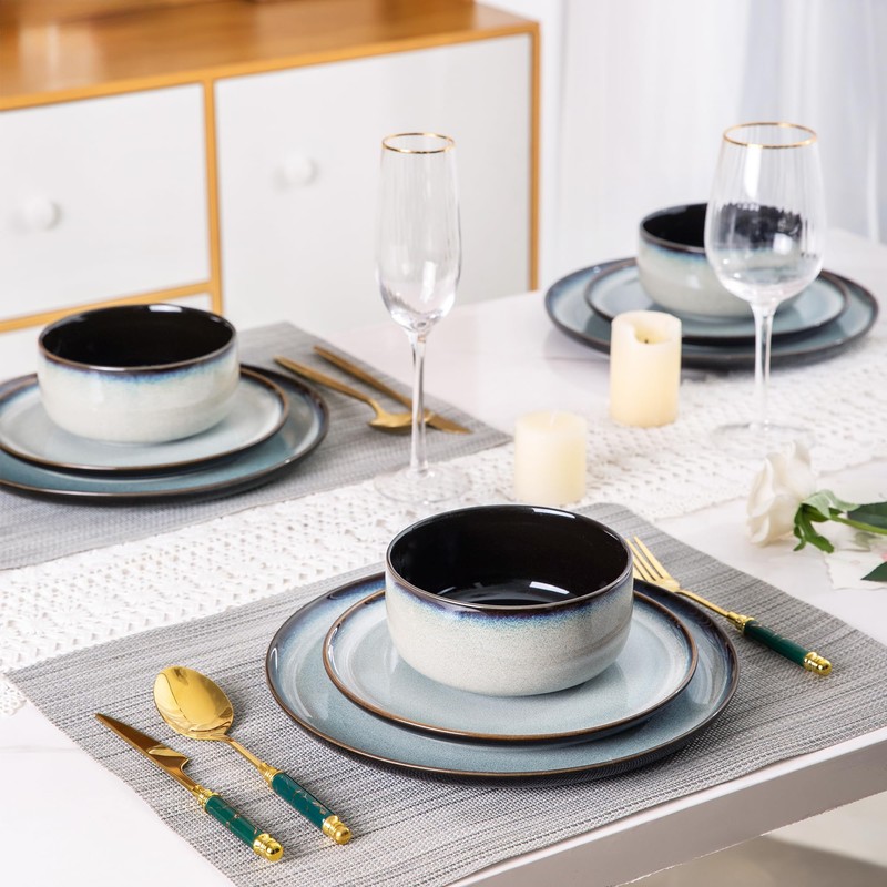 LeRATIO Ceramic Dinnerware Set of 4, Poreclain Plates, Bowls, Handmade