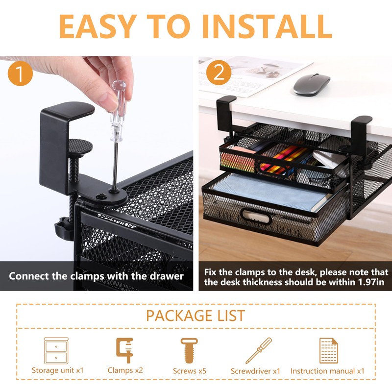 Sliding Under Desk Drawer Organizer No Drilling 2 Drawers Slide