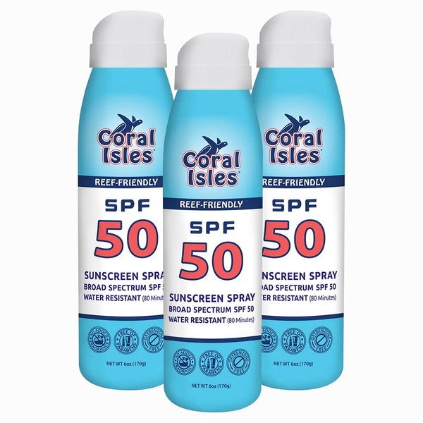 Coral Isles Reef Safe Sunscreen Spray SPF 50 - Broad Spectrum UVA/UVB Protection - Octinoxate & Oxybenzone Free - Hawaii Compliant - Non-Greasy, Fragrance Free - Water Resistant - 6 Fl Oz 3 pack