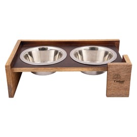 TIMBER TRUST Wooden Elevated Dog Bowl Stand – 5 Inches Raised Feeder with 2 Stainless Steel Bowls for Pets – Durable Pet Feeding Station