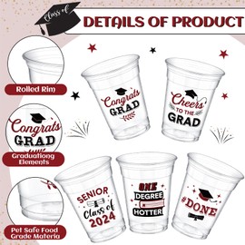 Yiyiring 12oz Graduation Disposable Cups Class of 2024 Cups Congrats Grad Clear Custom Cups Elegant Graduation Party Supplies Tableware Decorations(Burgundy Red Black, 100 Pcs)