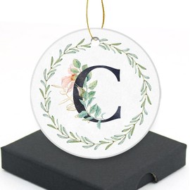 Handcrafted Initial Letter Keepsake Ornament, Letter C Round Ceramic Ornament for Christmas Tree Decoration, Gifts for Family Friend Women Wedding Anniversary