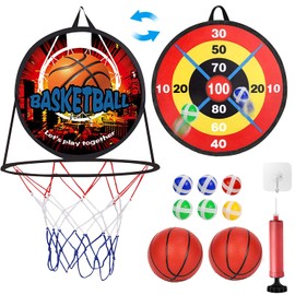 Canasta de Basquetbol para Pared con Juego de Dardos Plegable, 2 in 1 Aro de Baloncesto para Exteriores, 6 Bolas Adhesivas y 2 Bola Suave, Juguetes de Regalo para Niños de 3, 4, 5, 6 Años (Negro)