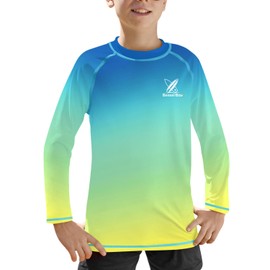 BesserBay Big Boys Blue Green Yellow Gradient Breathable Rashguard UPF 50+ Summer Long Sleeve Sun Vest 11-12 Years