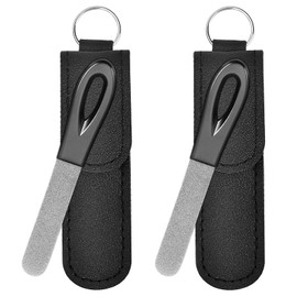 Metal Nail File with Case, 2 Pack Keychain Nail Files for Natural Nails, Fingernail Files Diamond Round Tip Stainless Steel Double Sided Fine Grit Sapphire Filer with Leather Sheath Travel Black