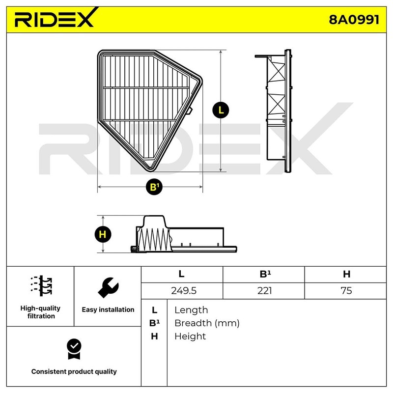 RIDEX 8A0991 Engine Air Filter, Air Filter Insert, Car Filter,