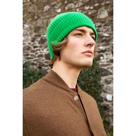 Glen Isla 100% Cashmere Ribbed Beanie Hat Lime Green - Made in Scotland