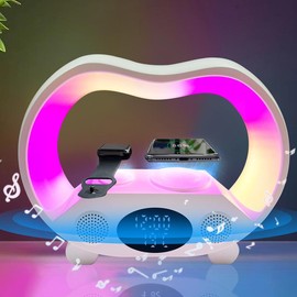 LOS 6 In 1 Wireless Charging Ambient Light with Bluetooth Speaker Alarm Clock Night Light Wireless Charger Bedside Lamp Alarm Clock Sound Ambient night  light - Color: Black