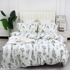 Usfivefam Floral Duvet Cover Queen, Green Floral Duvet Cover Printed Botanical Shabby Flower Pattern Comforter Cover, 3Pcs Microfiber Vintage Garden Style Bedding Set for Summer(No Comforter)