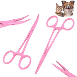 OdontoMed2011 Set of 2 Ea Pet Cat Dog Hair Puller Remover Stainless Steel HEMOSTAT Locking Forceps 5" Straight + Curved Full Serrated Ear Hair Clamp Pulling Plier Pet Dog Trimmer (Pink Color)