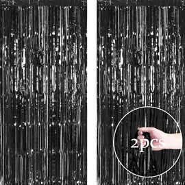 2pcs 3.2ft x 6.5ft Foil Fringe Curtain Door Curtains, Metallic Tinsel Curtains Streamers for Birthday Graduation Wedding Engagement Bridal Shower Bachelorette Holiday Party Decoration (Black)