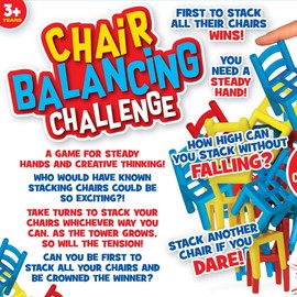 VFM - Balancing Chair Challenge Game - Hilarious Family Fun Multiplayer or Solo Age 3+ Stackable Seats Fun House Gaming Toy With 48 Colourful Chair Pieces