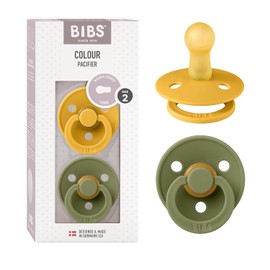 BIBS Colour Paquete de 2 chupetes. Libre de BPA, Tetina redonda. Látex natural, Talla 2 (6-18 meses) Honey Bee/Olive