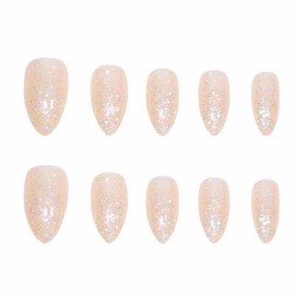 MISUD Press on Nails Medium Almond Fake Nails Glossy Glue on Nails Bling Glitter Acrylic Nails Stiletto Nude Artificial Nails Sparkly Sequins Stick on False Nails with Design 24 pcs