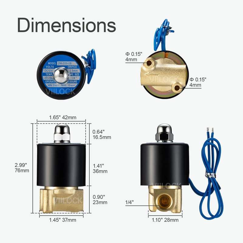 1/4” Brass Electric Solenoid Valve, 2 Way Air Valve Normally