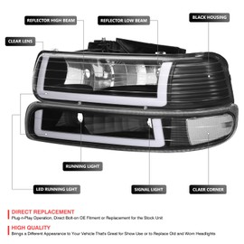 DNA MOTORING LED Light Bar Type-2 Headlights Compatible With 99-02 Chevy Silverado 1500 2500 01-02 Silverado 1500HD 2500HD 3500 00-06 Suburban 1500 2500, Black/Clear, HL-LB2-CSIL99-BK-CL1