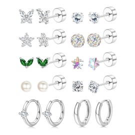 Roheafer 316L Edelstahl Flatback Ohrstecker Hautfreundlich mit 14K Gold Piercing-Stacks für Helix Tragus Mini Hoops im Trenddesign Style A Argenté