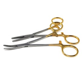 HTI Set of 2 Pcs Dog Cat Pet Hair Puller Remover Stainless Steel Hemostat Locking Forceps 5.5" Straight and Curved Full Serrated (Gold Handle)
