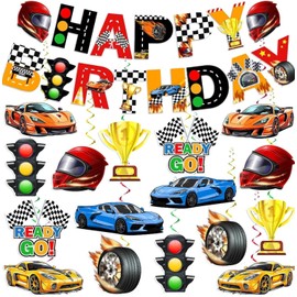 KORHONEN Race Car Themed Birthday Party Decorations for Boys and Adults - Includes Happy Birthday Banner and Hanging Swirls