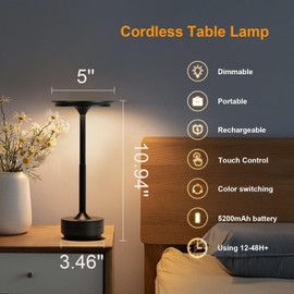 Rechargeable Cordless Table Lamp Set of 2, Czgor 5200mAh Battery Operated Desk Lamps, 3-Color Stepless Dimmable Wireless Table Lamp, Portable Outdoor Table Lamp for Dining Office Bar Restaurant(Black)