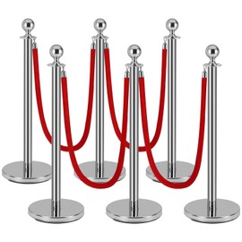 Yeatruojeet 6 PCS Stainless Steel Stanchion Post,5Ft Red Velvet Rope, Hollow Base and Velvet Ropes Safety Barriers Set, Poles Crowd Control Barriers for Red Carpet Themed Decoration