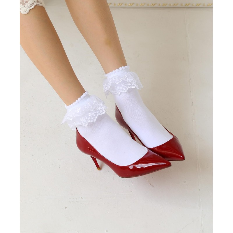 SRYL Women Lace Ruffle Frilly Socks (White-1 Pairs_Double Lace)