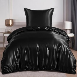 RUIKASI Satin Bed Linen 155 x 220 cm Black - Silky Luxury Duvet Cover with Shine Like Silk Bed Linen Set for Hair and Skin, Shiny Bed Linen 155 x 220 cm with Zip and Pillowcase 80 x 80 cm
