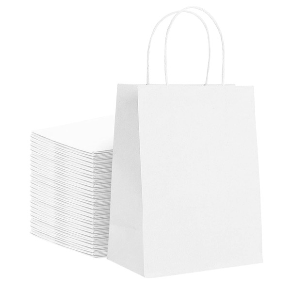 Elegant Supply Kraft Paper Bags with Twisted Handles-10x5x13 inches, Bulk Multiuse Solid Print Bags, Perfect for Any Occasion, 100 Pack, White
