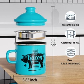 PGYARD Mini Bacon Grease Container With Strainer - 15OZ Enamel Grease Saver, Farmhouse Bacon Grease Keeper For Kitchen Fat Storage, Dishwasher Safe-Light Blue