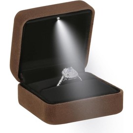 Classic Metal Glossy  Ring Box with LED Light,  Ring Gift Box for Proposal Engagement Wedding Anniversary Birthday Ceremony (Black) - Color: Coffee