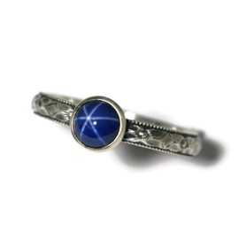 Salish Sea Inspirations 6mm Created Blue Star Sapphire Ring Symmetrical Flower Vintage Silver