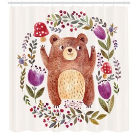 Ambesonne Flor de la Acuarela Cortina de Baño, Cub de Oso de la Guirnalda, Paño Conjunto de Decoración de Baño de Tela y Ganchos, 84" Extra Alta, Verde Púrpura