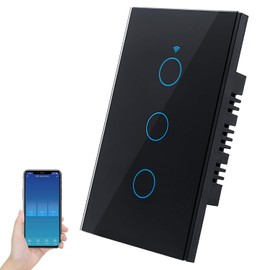 Smart Light Switch, Neutral Wire Required Tempered Glass Panel US Standard Light Switch, RF433 Remote Control Smart Life/Tuya App, Touch Switch Single Pole Work with Alexa, Googl Home Black 3 Gang