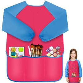 IKAYAS Kids Art Smock, Smocks for Kids Waterproof Long Sleeve Art Smocks for Kids 3-5, Rose Red Kids Paint Smock Artist Toddler Smock for Home Kindergarten Primary School Painting Supplies 3 Pockets