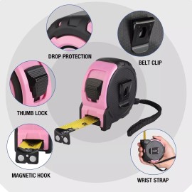 WORKPRO 25FT Pink Tape Measure 1/8 Fractions Easy Read Measuring Tape Belt Clip