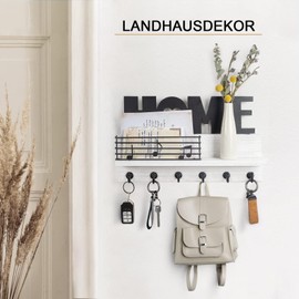 Wooden Wall Key Ring with 6 Hooks – Home Decoration Vintage Key Box, Wall Mounted Key Box with Storage Shelf for Keys and Mail at the Entrance, Wall Key Holder (White)