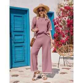 Ekouaer Lounge Set for Women Travel Outfits 2 Piece Sets Short Sleeve Sweater Top Wide Leg Long Pants Loungewear Dark Pink M