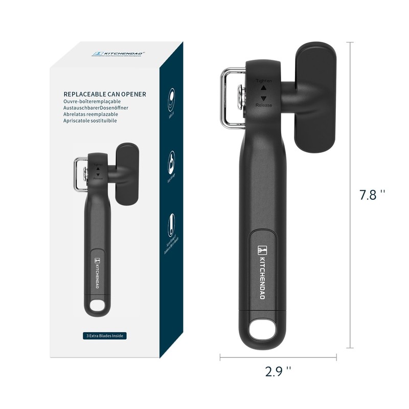 KITCHENDAO Replaceable Can Opener with 3 Extra Blades, Safe Cut
