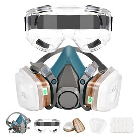 Half Facepiece Respirator with Filters - Respirator Mask with 10Pcs Filter Cottons and Goggles, for Paint, Dust, Formaldehyde, Sanding, Polishing, Woodworking, Organic Vapors, Chemicals (Blue)