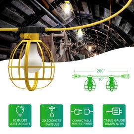 LEDIARY 200FT Construction String Lights, 20 Bulbs 200W 21000LM Work Lights with 20 Medium Base Sockets, Linkable Temporary Construction Lighting for Job Site Workshop Basement