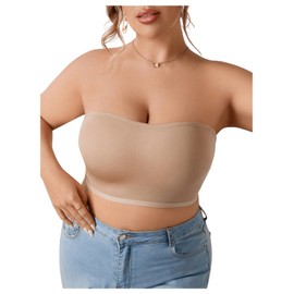 SweatyRocks Women's Plus Size Strapless Bra Criss Cross Wireless Bandeau Bra Seamless Bralette Apricot XX-Large Plus