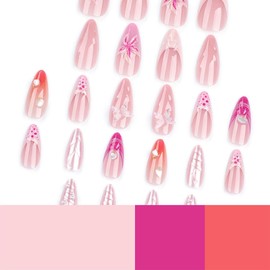French Tip Press on Nails with 3D Flowers Rhinestones Design Long Almond Fake Nails Spring and Summer Daily Wear False Nails Full Cover Ballerina Nail for Women Girls 24Pcs