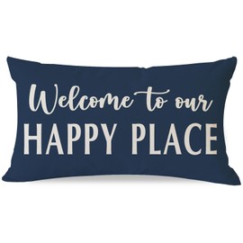 HERHOME Decorative Throw Pillow Cover 12x20 Inch Welcome to Our Happy Place Blue Outdoor Farmhouse Coastal Front Porch Patio Decor Lumbar Cushion Case Decoration for Living Room Sofa Couch