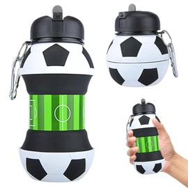 CEWROM Foldable Children's Water Bottle, 550 ml, BPA-Free, Sports Bottle with Carabiner & Football Design, Dishwasher Safe and Leak-Proof for School, Camping & Outdoor Use