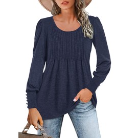 AUSELILY Cute Tunic Tops Long Sleeve Shirts for Women Crewneck Casual Pleated Flowy Blouse,Navy Blue,S