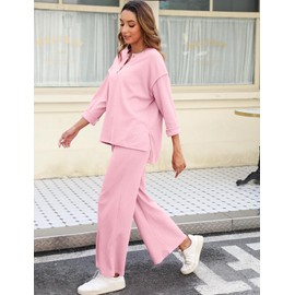 ROYLAMP Womens 2 Piece Outfits Fall Long Sleeve Button Crew Neck Top Long Pant Trendy Matching Casual Sweatsuit Tracksuits Sets Pink M